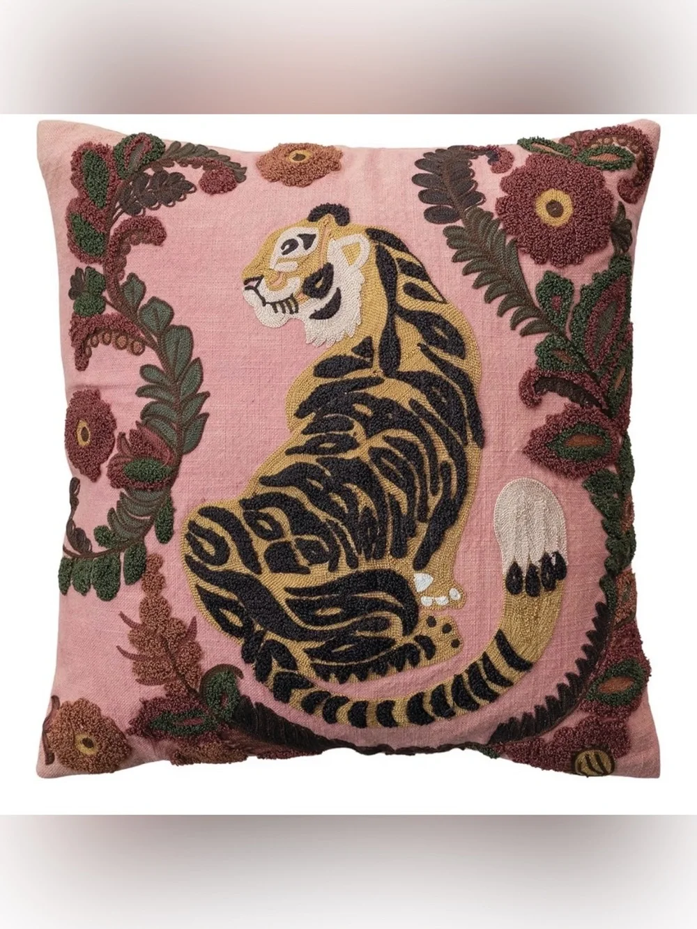 Creative Co-Op Pink Tiger Embroidered Decorative Pillow with Floral Motif